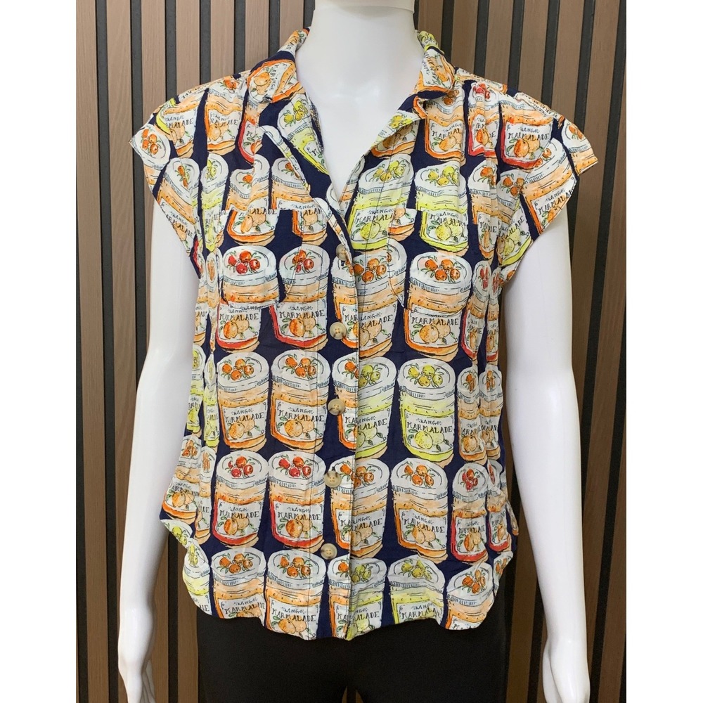 Anthropologie Conversations Marmalade Jar Print Rayon Button Down Shirt XS Navy